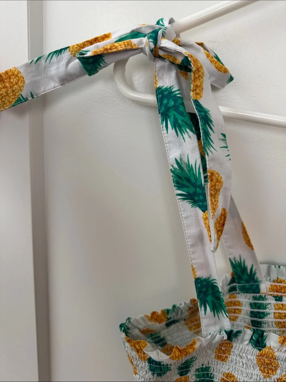 J. Crew White Pineapple Smocked Tie-Shoulder Top